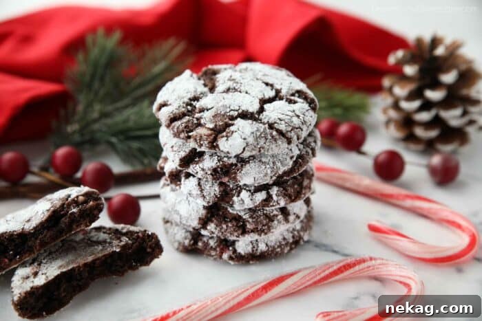 Cool Mint Chocolate Crinkle Cookies 8 Stack of chocolate peppermint crinkle cookies made with cake mix.