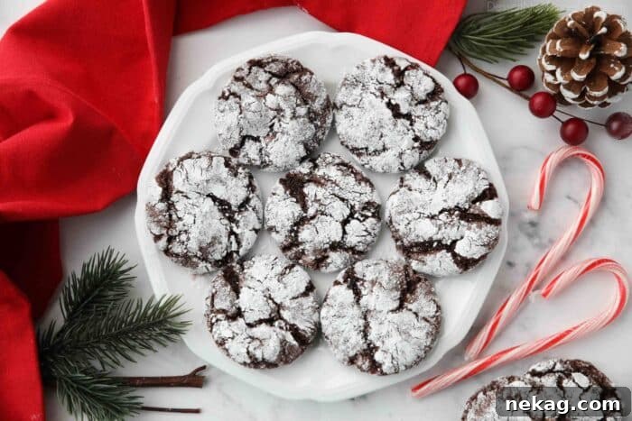 Cool Mint Chocolate Crinkle Cookies 9 Plate of chocolate peppermint crinkle cookies made with cake mix.