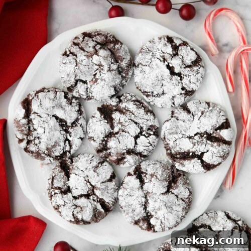 Cool Mint Chocolate Crinkle Cookies 10 Plate of chocolate peppermint crinkle cookies made with cake mix.