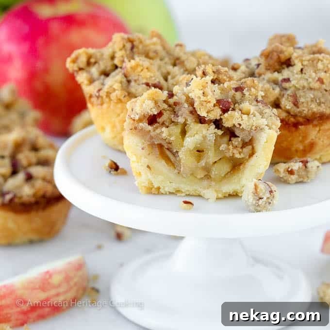 Handheld Apple Delights 2 mini apple pie with crumble topping cut in half to view inside.