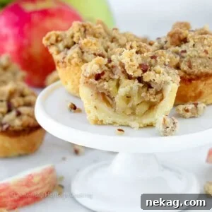 Handheld Apple Delights 5 mini apple pies on white cake stand.