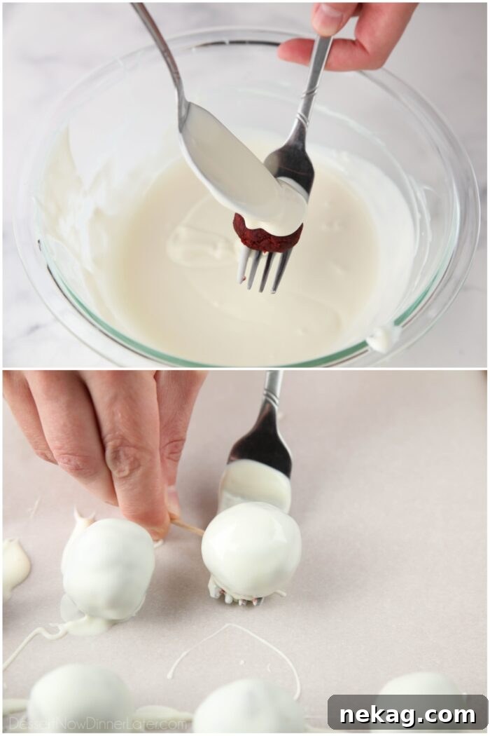 Decadent Red Velvet Bites 7 A step-by-step visual guide showing how to expertly coat red velvet truffles using a fork and spoon for dipping, and a toothpick for gentle transfer, ensuring a smooth, flawless finish.