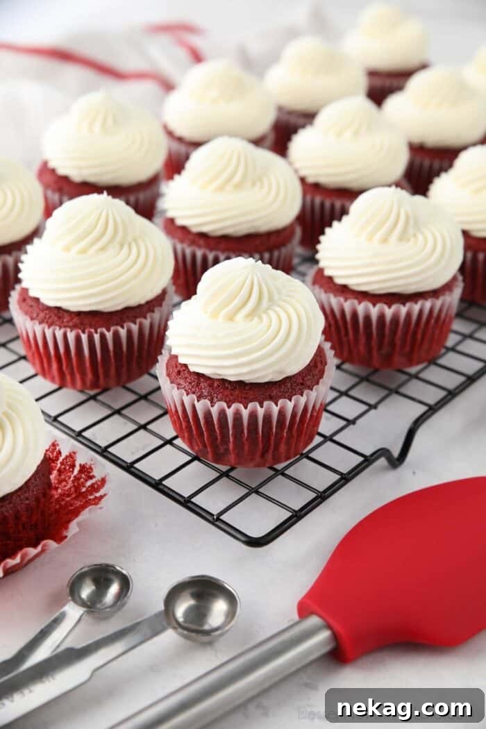 Freshly baked Red Velvet Cupcakes with a swirl of cream cheese frosting, cooling on a wire rack.