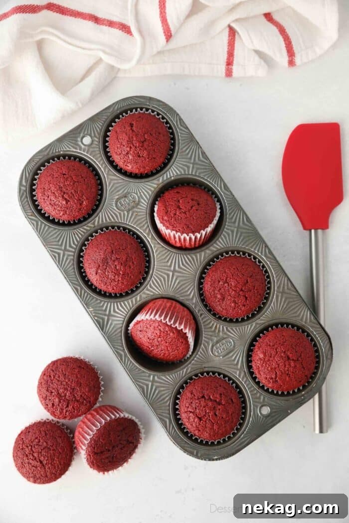 A tray of perfectly baked red velvet cupcakes cooling in a muffin tin, ready for frosting.