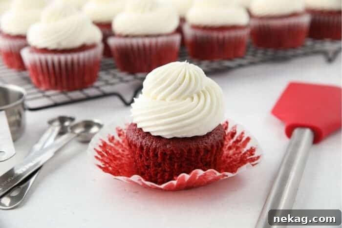 A close-up shot of a perfect red velvet cupcake with its wrapper peeled back, revealing its incredibly fluffy and moist texture.