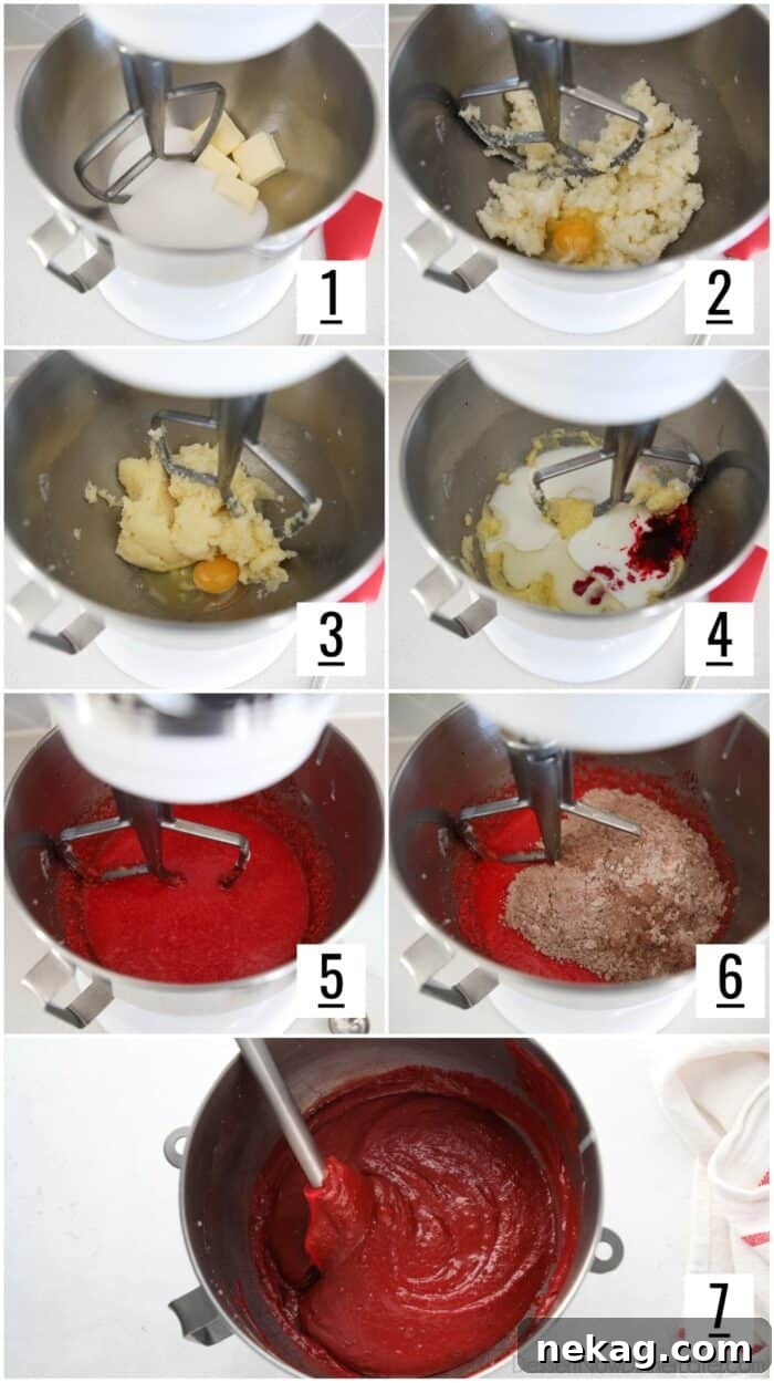 A visual guide showing the key steps to make Red Velvet Cupcakes: creaming butter and sugar, adding eggs, incorporating wet ingredients, and finally mixing in dry ingredients.