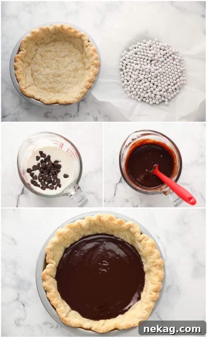 Decadent Chocolate Mint Dream 5 Multiple images. Blind baked pie crust. Steps to make chocolate ganache. Then pie crust filled with ganache.