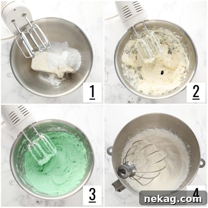 Decadent Chocolate Mint Dream 6 Steps to make mint no bake cheesecake filling.