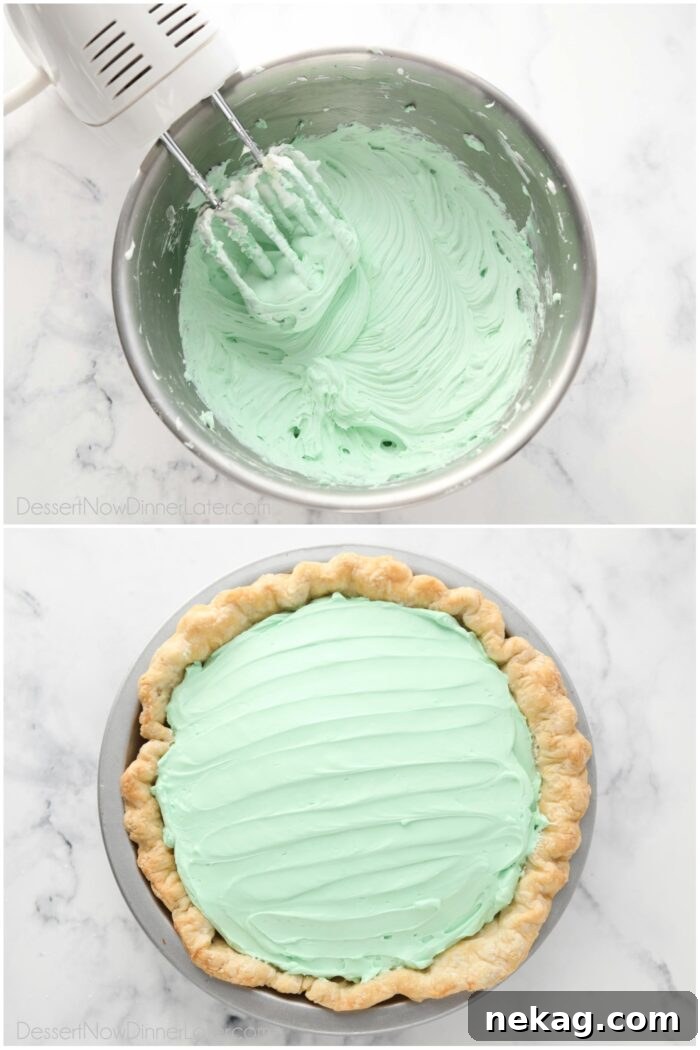 Decadent Chocolate Mint Dream 7 Mint no bake cheesecake being mixed in a bowl. Then spread into pie shell.