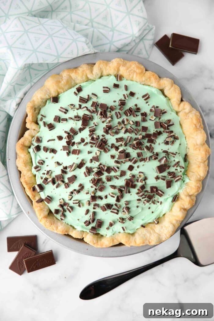 Decadent Chocolate Mint Dream 8 Top view of chocolate mint pie with chopped pieces of Andes mints on top.