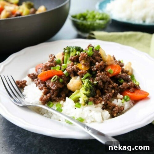 Affordable Korean Beef and Vegetable Stir Fry Video 2 The finished dish of Korean Ground Beef with vegetables, perfectly sauced and ready for serving.