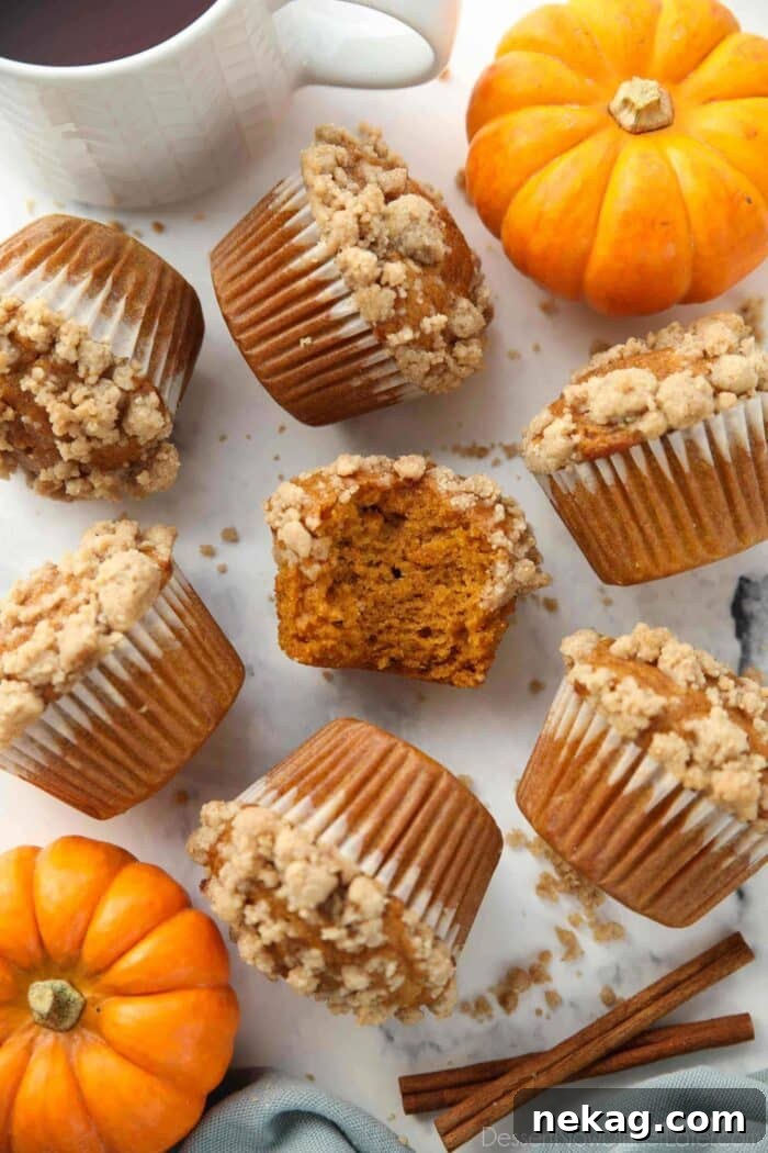 Several pumpkin streusel muffins casually lying on their sides, with one in the center clearly showing a bite taken out, highlighting its moist interior and crumbly top.