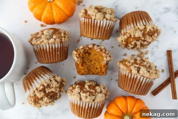 A close-up shot of pumpkin streusel muffins on their sides, one with a bite taken out, emphasizing the texture and warm color.