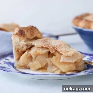 A beautifully composed slice of Mile High Apple Pie on a blue plate, ready to be enjoyed.