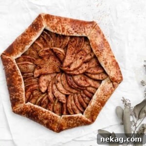 A close-up of a super easy apple galette, showcasing its rustic crust and sweet apple filling.
