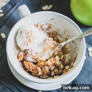 A close-up of a microwave apple crisp, showing its tender apples and crumbly topping.