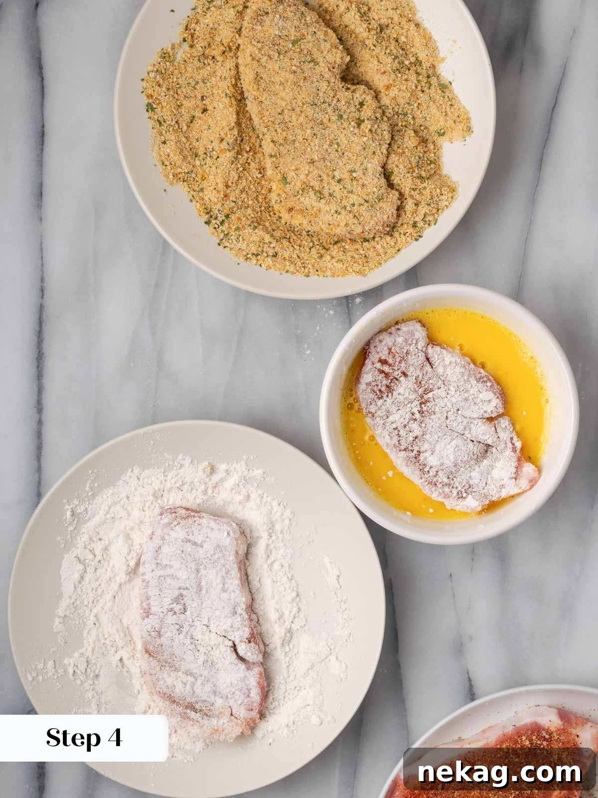 Creamy Mushroom Smothered Pork Chops 7 A step-by-step process of dredging a pork chop in flour, egg, and breadcrumbs.