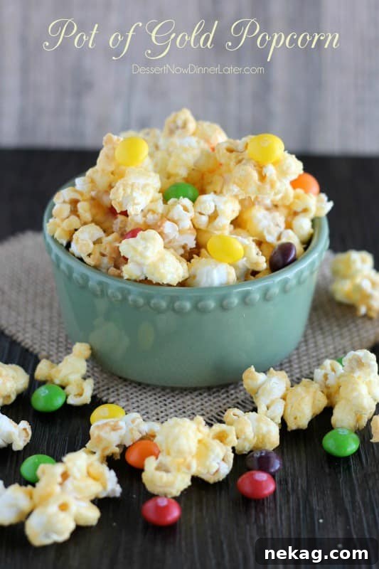 Vibrant Pot of Gold Popcorn with golden candied coating, ready for St. Patrick's Day celebrations.
