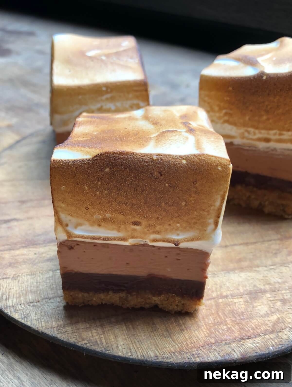 Heavenly Marshmallow Frosting 2 Layered s'mores dessert with graham cracker, chocolate, and toasted marshmallow frosting.