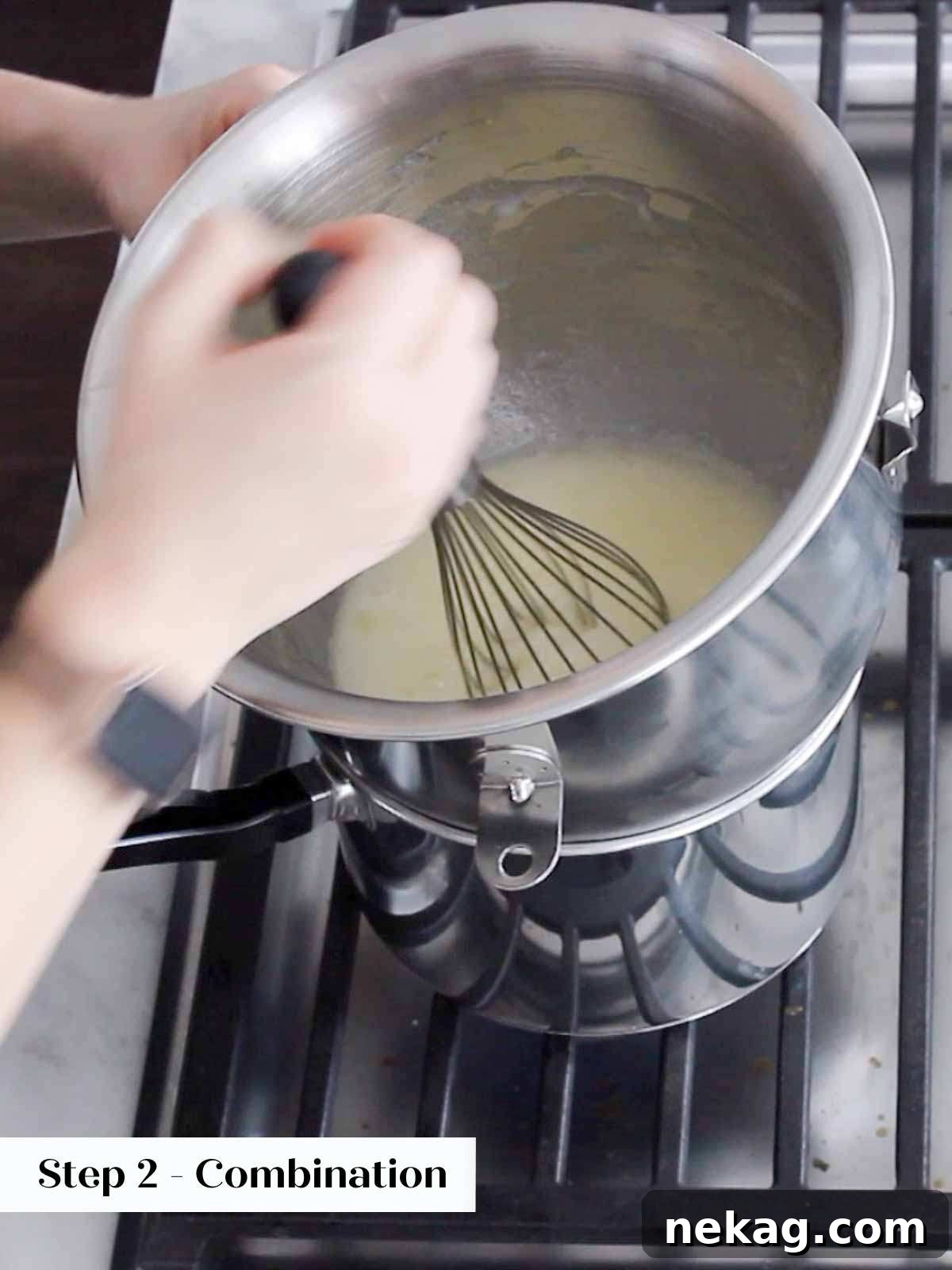 Heavenly Marshmallow Frosting 4 Whisking egg white and sugar mixture over a pot of simmering water for Swiss meringue.