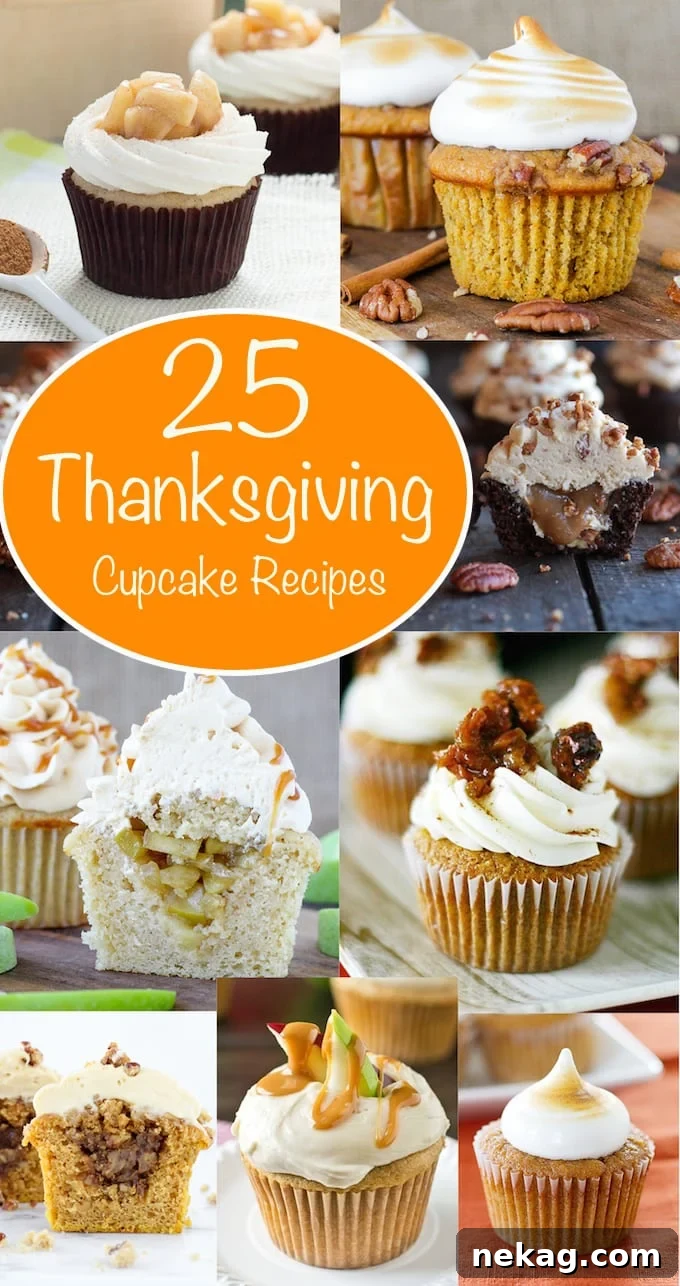 Sweet Thanksgiving Cupcake Harvest 2 Assortment of festive Thanksgiving dessert cupcakes with various toppings and icings