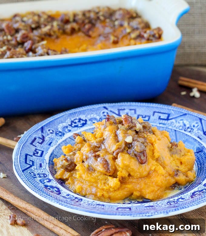 Smart Sweet Potato Casserole 2 A delicious lightened up sweet potato casserole with a golden brown pecan topping, perfect for Thanksgiving