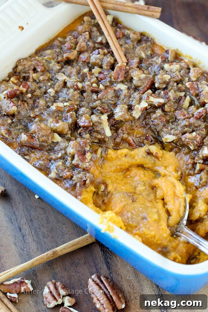 Smart Sweet Potato Casserole 3 Close-up shot of the lightened sweet potato casserole, showing its creamy texture and crunchy topping