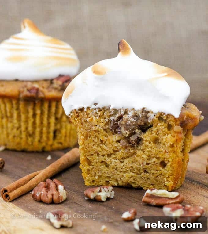 Artfully arranged Sweet Potato Casserole Cupcakes with torched marshmallow frosting