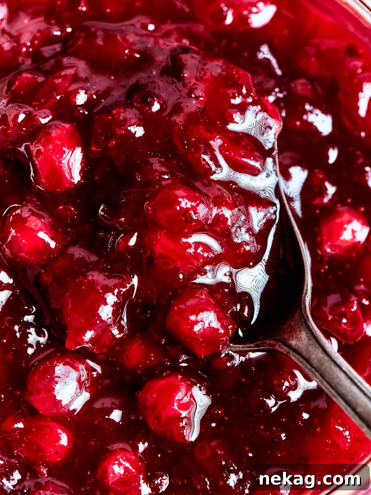 Ruby Red Holiday Delight 2 Close view of homemade cranberry sauce revealing its rich, jam-like consistency and deep red color, garnished with fresh cranberries and a cinnamon stick for a festive touch.