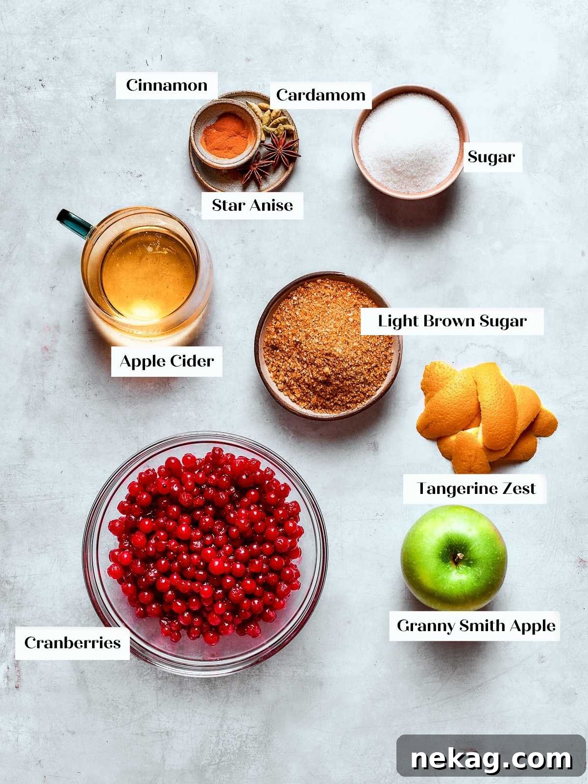 Ruby Red Holiday Delight 4 Measured ingredients for cranberry sauce including fresh cranberries, a diced apple, cinnamon, star anise, and brown sugar neatly arranged on a kitchen counter.