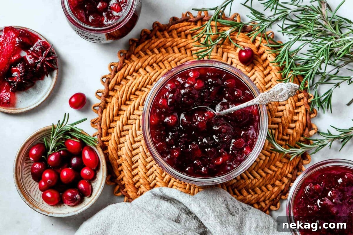 Ruby Red Holiday Delight 5 Bowl of cranberry sauce garnished with fresh rosemary sprigs for a festive holiday presentation, perfectly ready to be served.