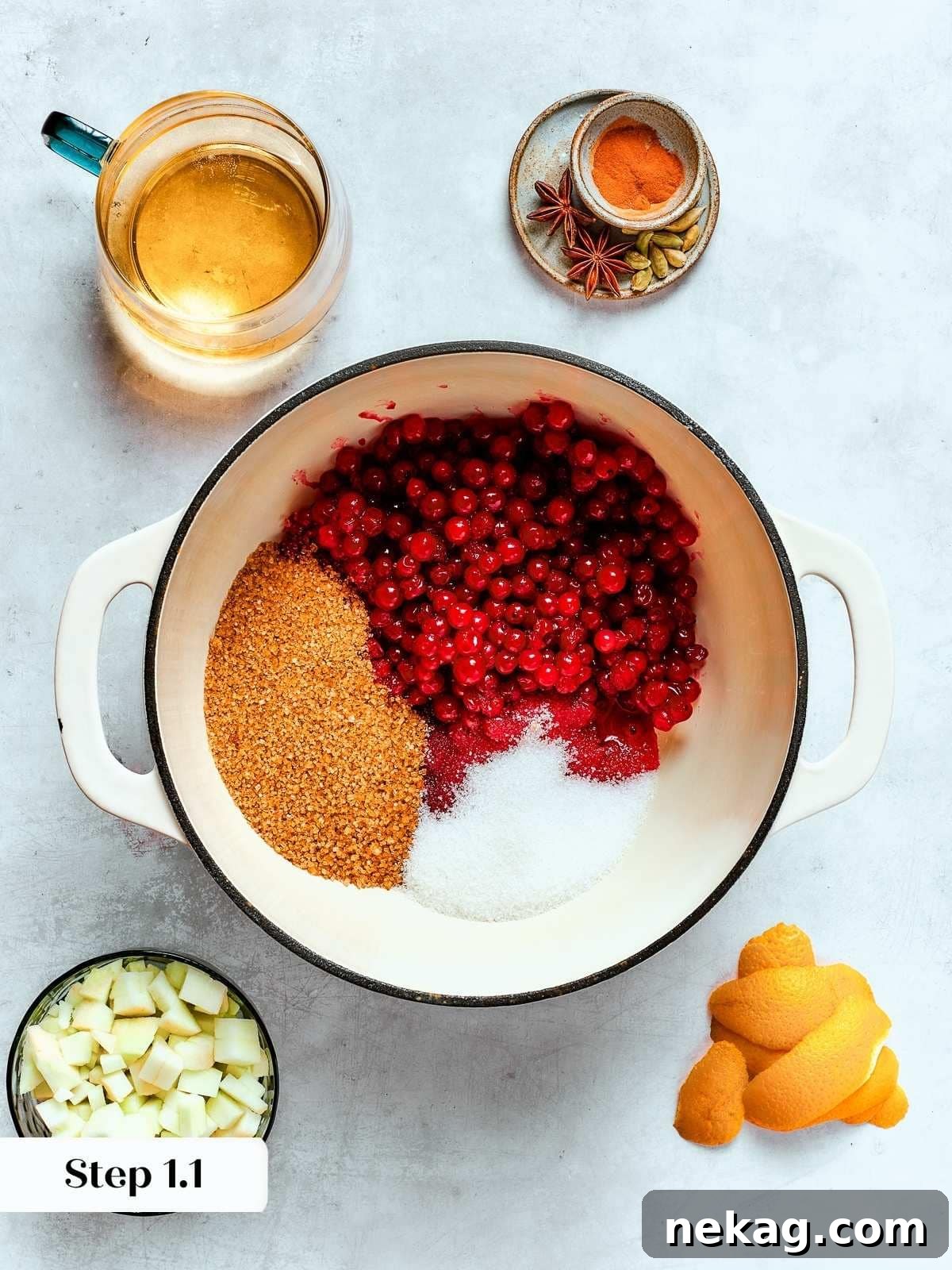 Ruby Red Holiday Delight 6 Fresh cranberries and a blend of sugars combined in a pot, poised to begin cooking into a thick, rich sauce.