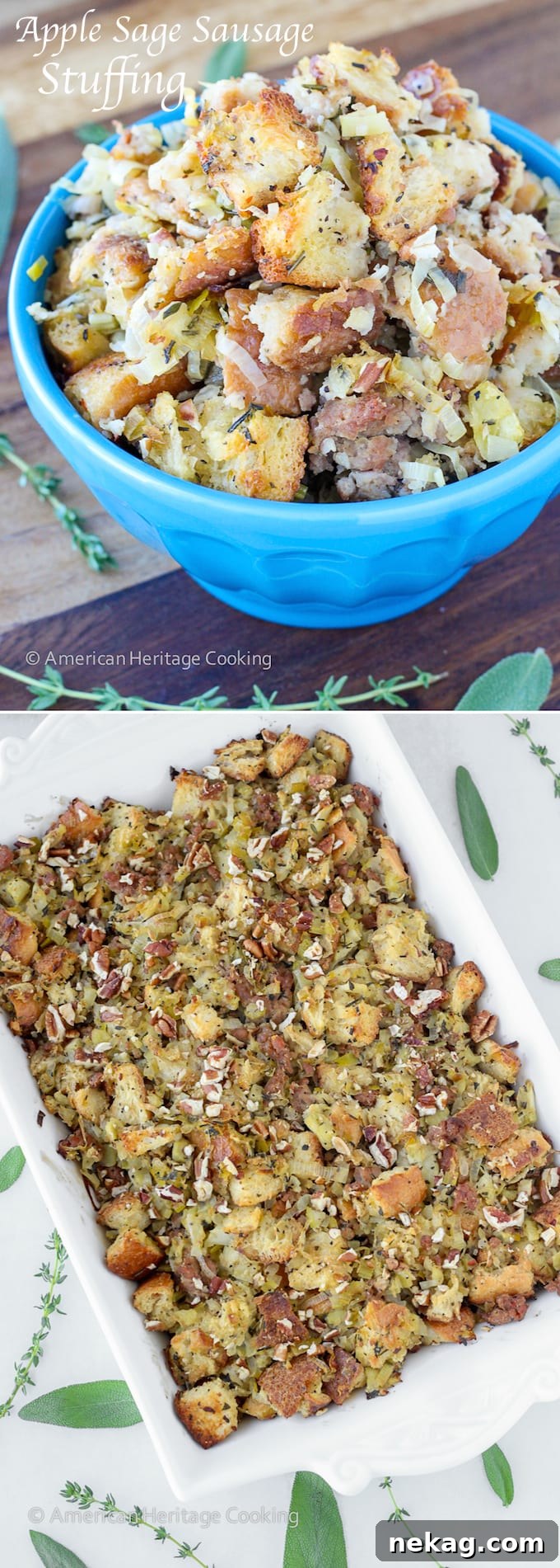 Apple sage sausage stuffing serving in a bright blue bowl and before serving in a white baking dish.