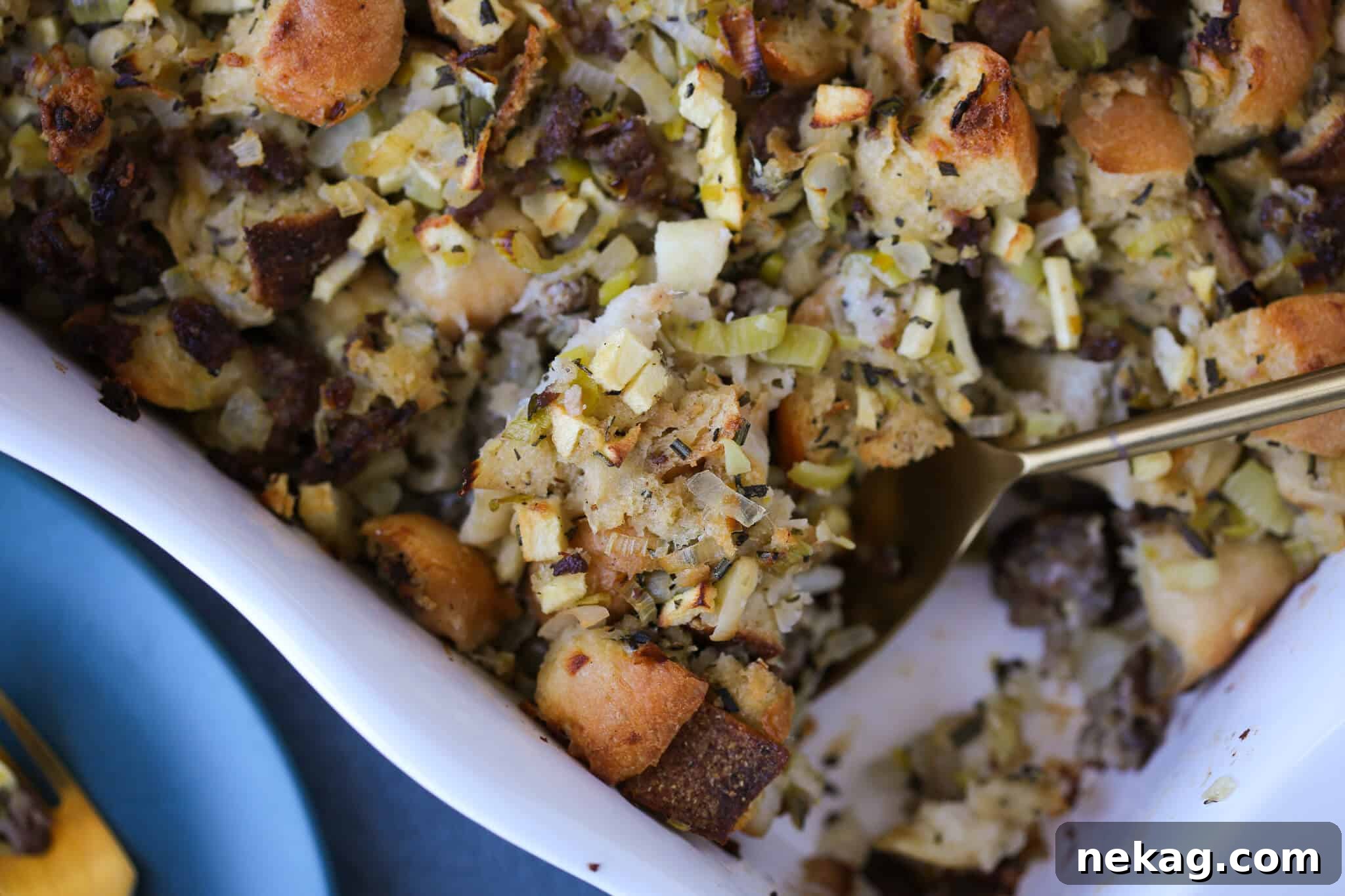 Apple Sage Sausage Stuffing with a golden, toasty crust on top.