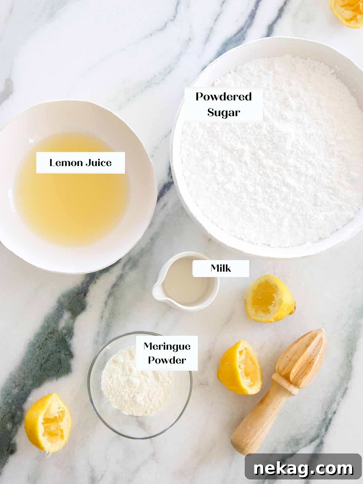 Flawless Royal Icing Made Easy with Meringue Powder 4 royal icing ingredients on marble.