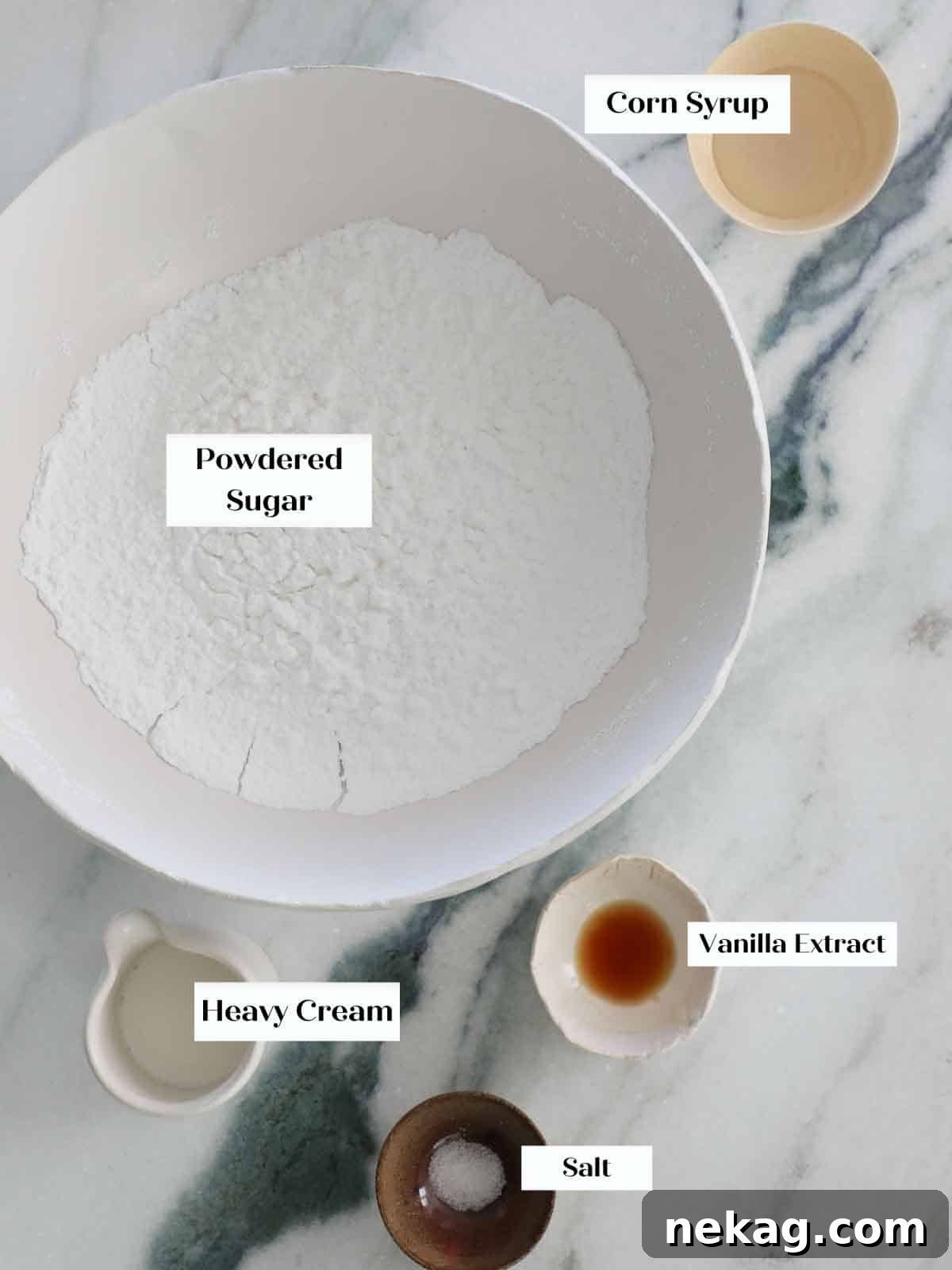 All the essential ingredients for making easy cookie icing, neatly arranged for preparation.