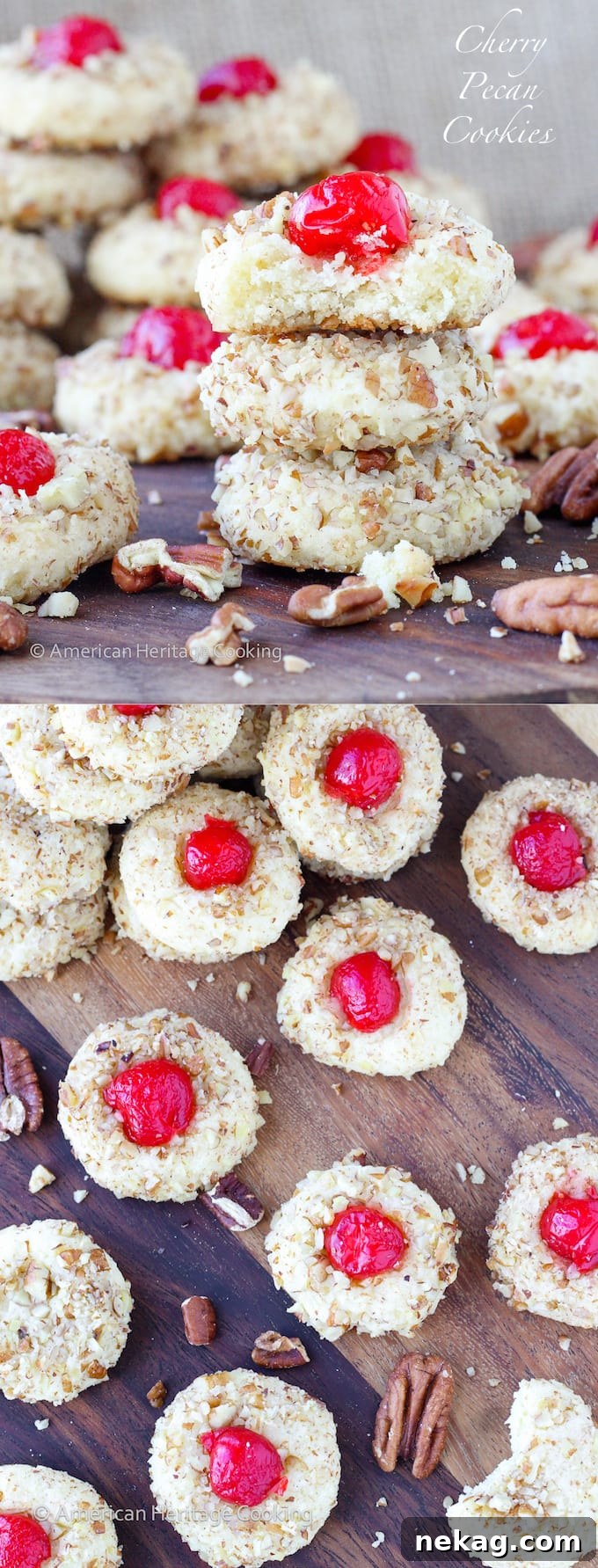 Stacked cherry pecan cookies showing the soft interior and pecan coating.