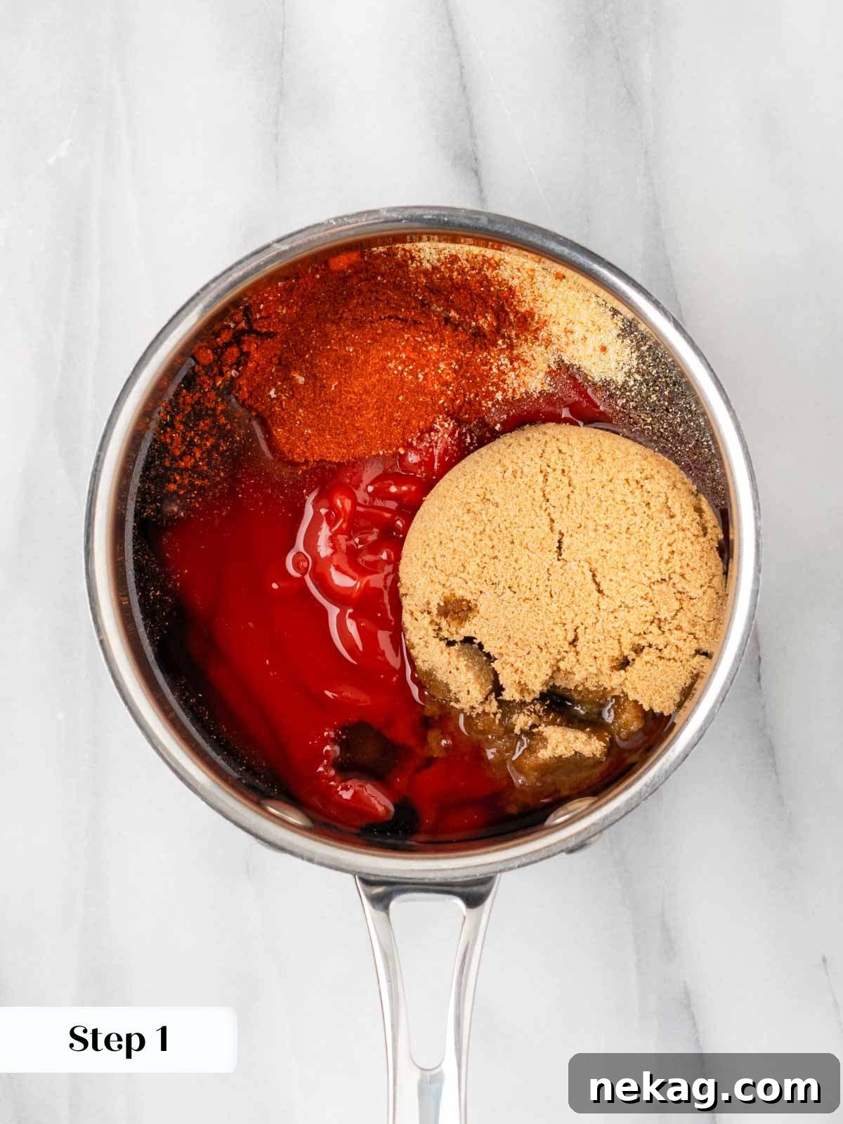 All BBQ sauce ingredients combined in a pot before cooking.