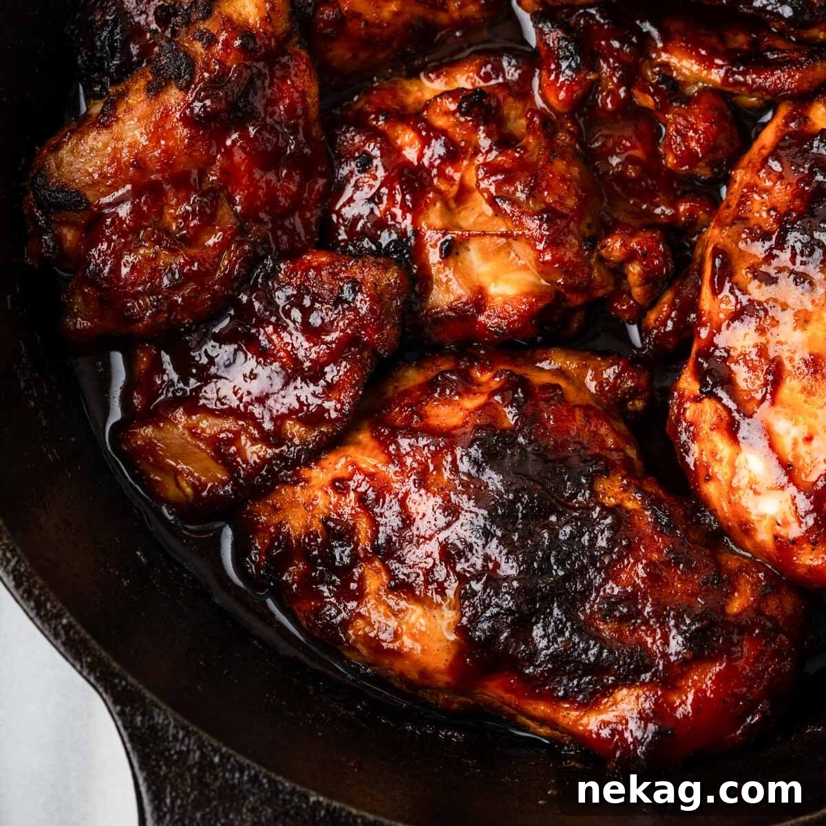 BBQ chicken baked to perfection in a black cast iron skillet.