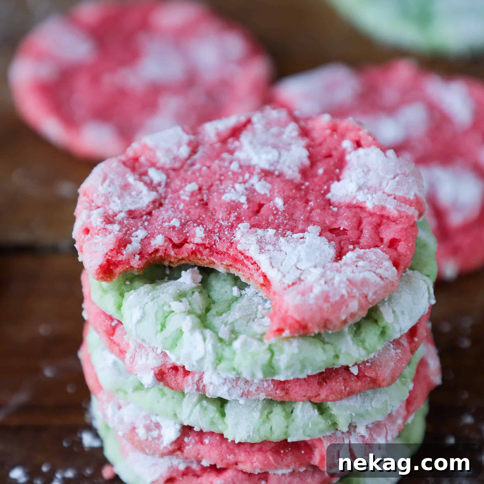 Festive Almond Crinkle Cookies stacked top view