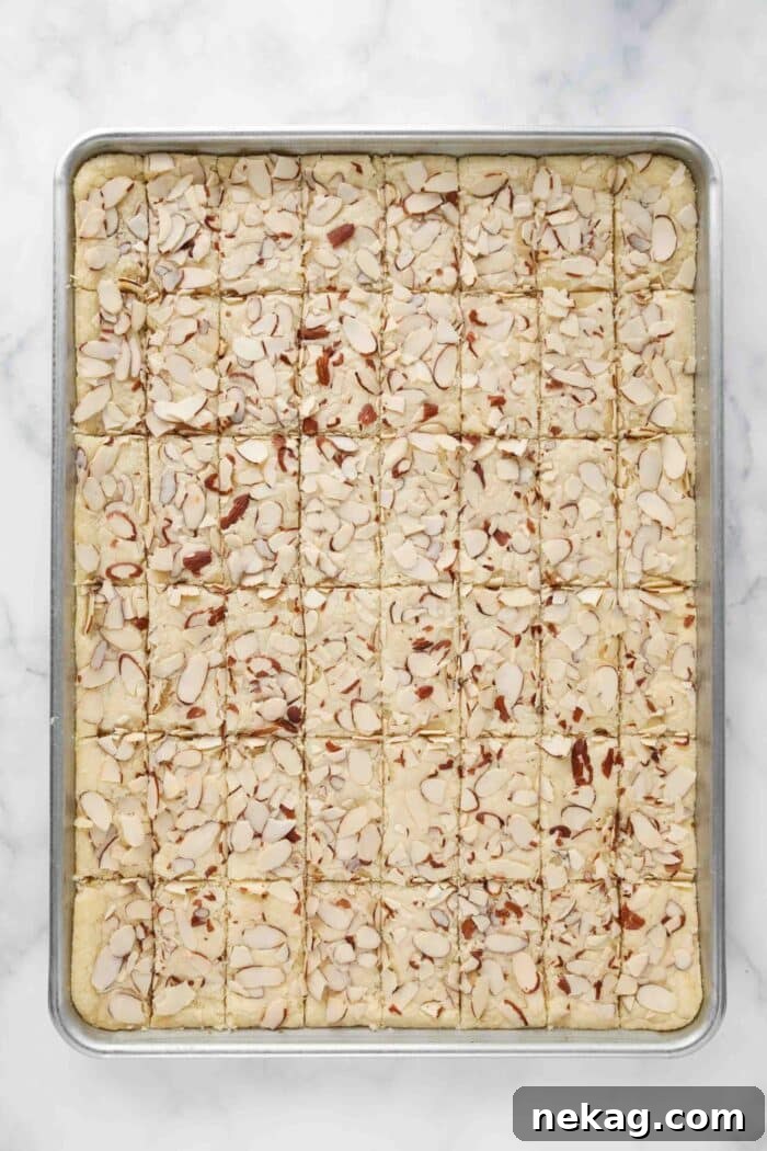 Baked almond bars cut into 48 pieces. Six rows on the long side and 8 rows on the short side, to create thin rectangles.