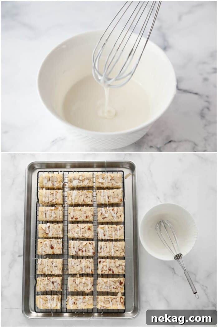Making glaze, then drizzling it over the almond bars.