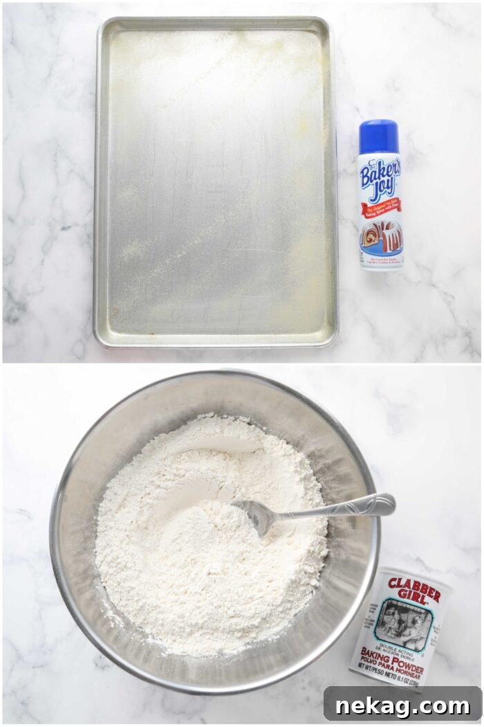 Greased sheet pan and bowl of dry ingredients.