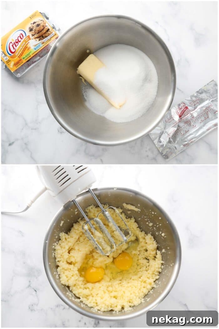 Crisco and sugar in a bowl. Then mixed with eggs and almond extract.