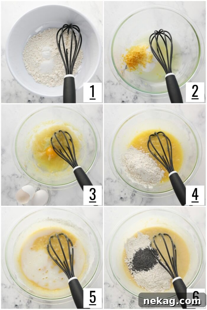 A step-by-step visual guide showing the process of mixing ingredients for lemon poppy seed muffins.