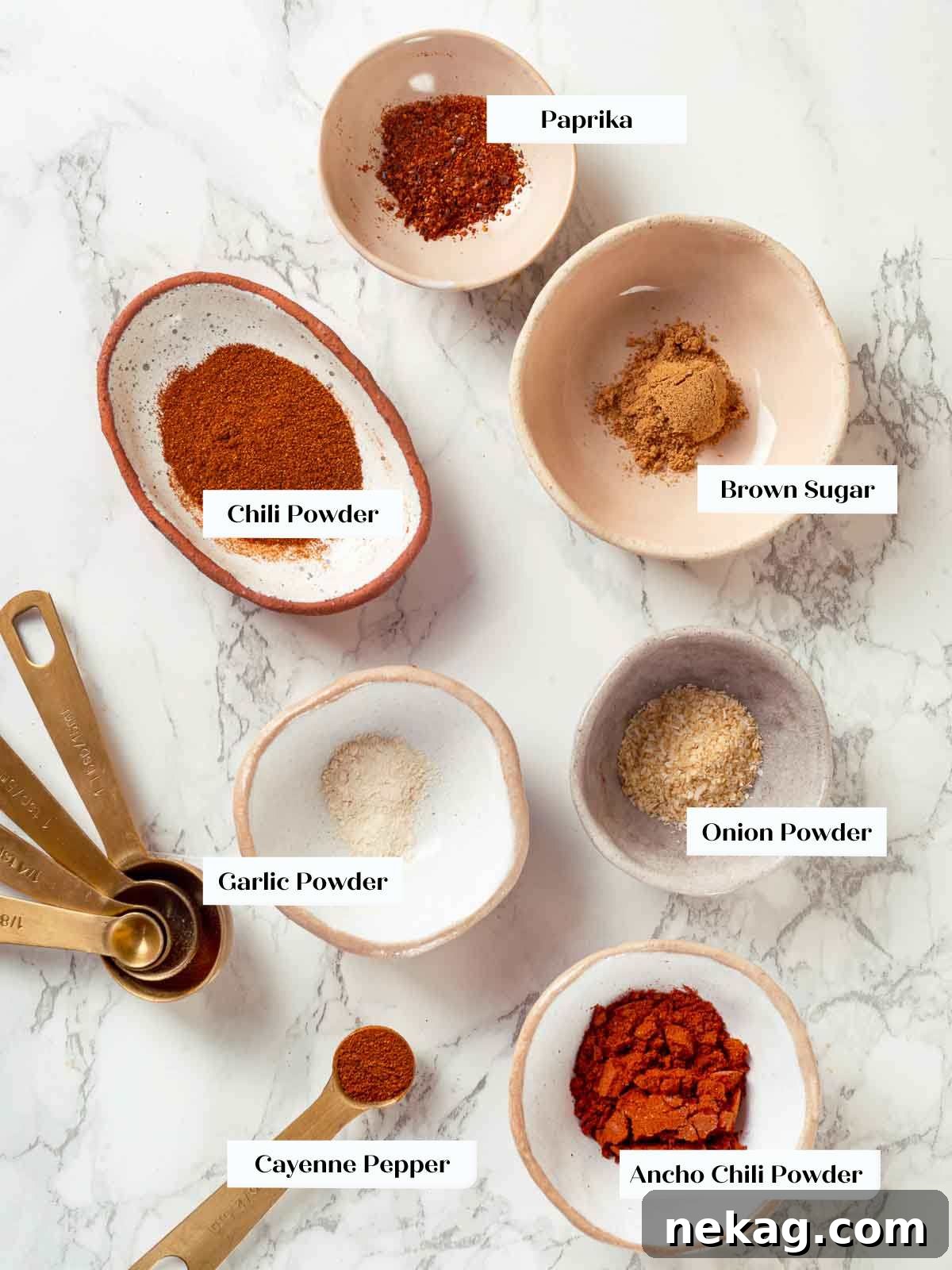 Zesty Chicken Taco Fiesta 4 Ingredients for homemade taco seasoning laid out on a white background.