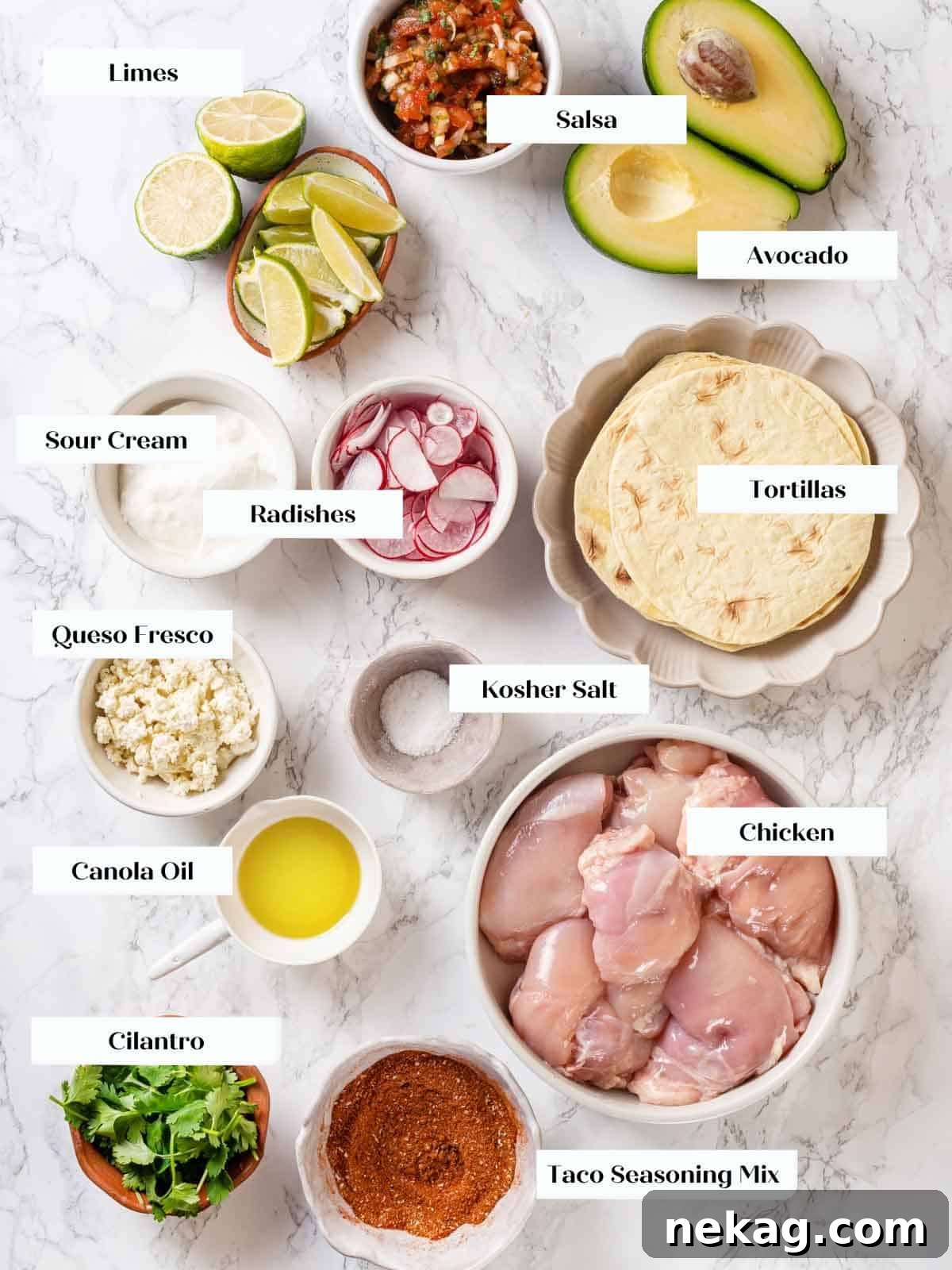 Zesty Chicken Taco Fiesta 5 Fresh ingredients for taco toppings, including cilantro, limes, and radishes.