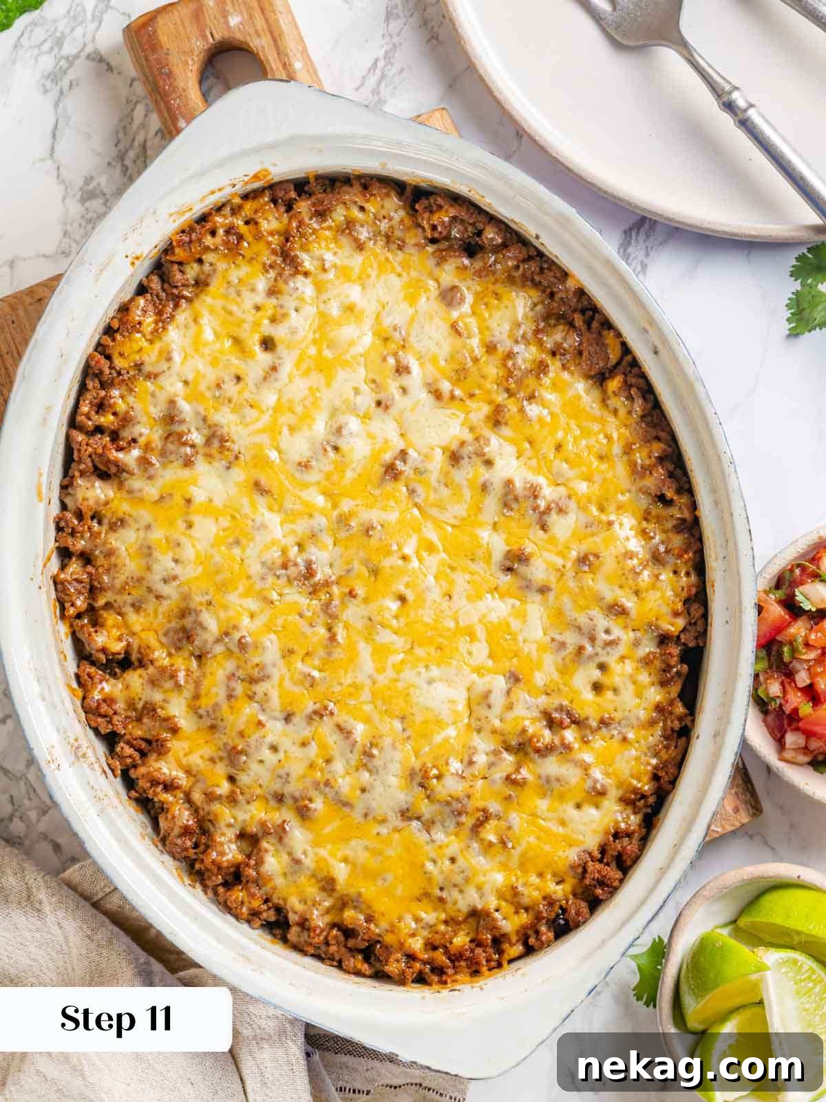 Close-up of the baked taco casserole with perfectly melted, bubbly cheese on top.