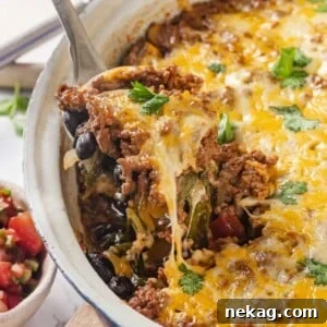 Taco bake with melted cheese being served, showing a scoop with golden brown cheese.