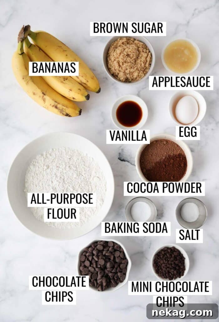Clearly labeled ingredients arranged on a surface, ready to be used for making chocolate banana bread, including flour, cocoa powder, bananas, sugar, applesauce, egg, vanilla, and chocolate chips.
